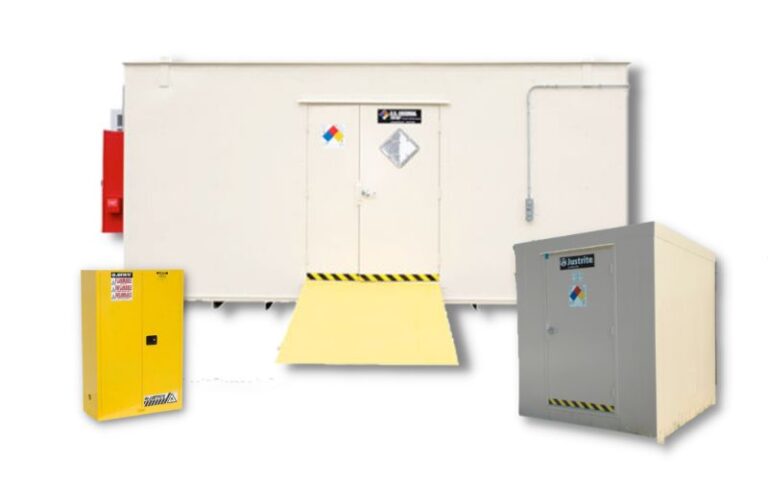 Yellow chemical safety cabinet, large hazmat chemical storage building with ramp, nine drum chemical safety locker.