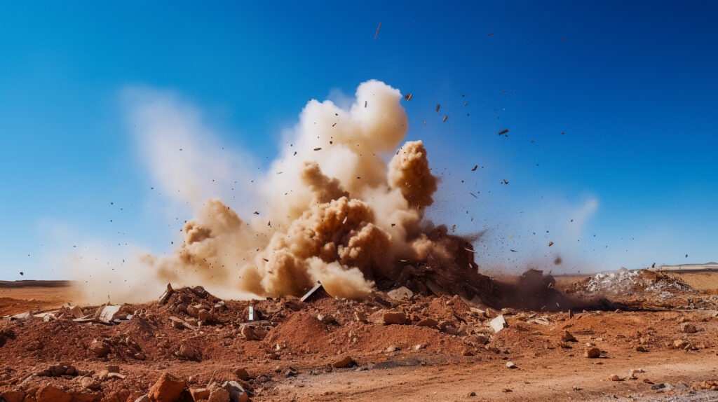 Dirt explosion with blue sky overhead. Dirt and debris is flying with a cloud of dust.