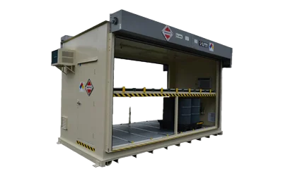 Chemical storage building with double roll-up doors - transparent background