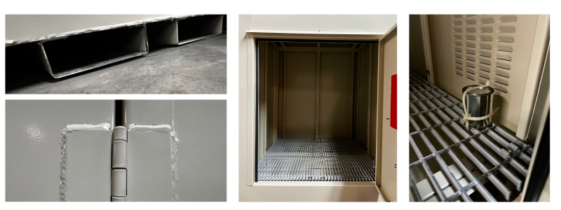 Outdoor Chemical Storage Locker for Chemical Drum Storage - feature of welded hinges, interior, and touch up paint kit