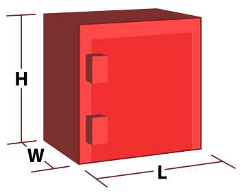 Diagram red explosive storage magazine with height, width, and length directions